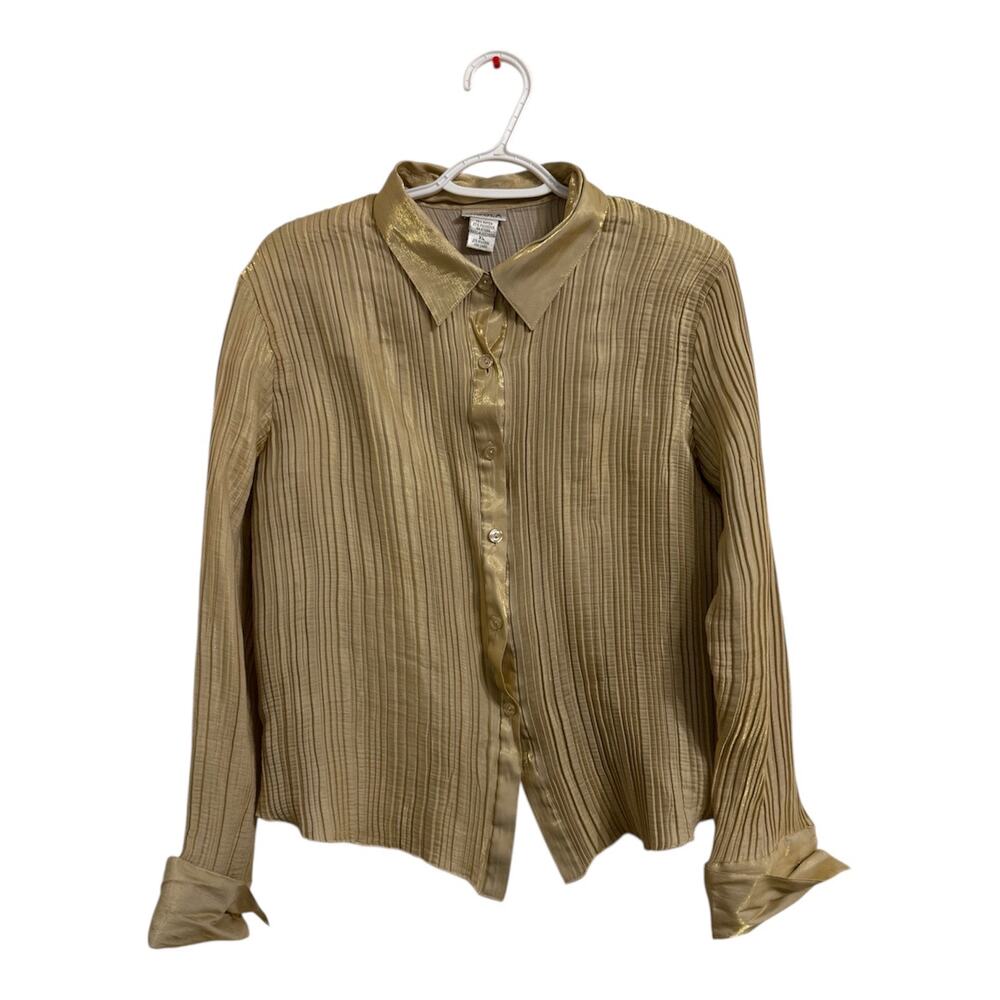 Nicola Vtg Gold Button Up Shirt 90s Aesthetic Fashion Shimmer Pleats PleaseStyle